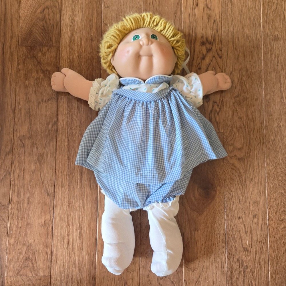 Vintage 1982 Cabbage Patch Kids Coleco Doll Blue Gingham Dress Yarn Hair Toy